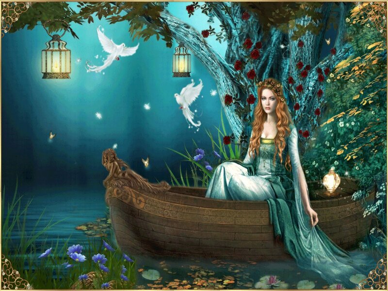 Woman in a Boat — Blue, Serene, Night, Digital Art, Doves