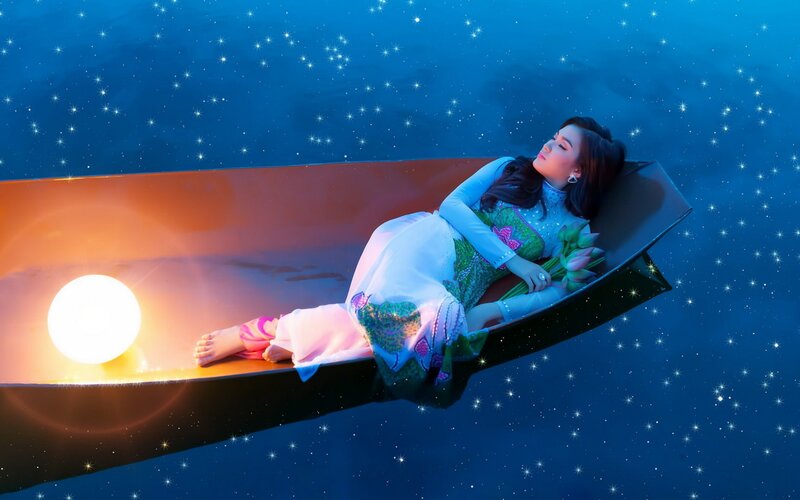 Woman in a Boat — Blue, Serene, Night, Digital Art, Flowers, Stars