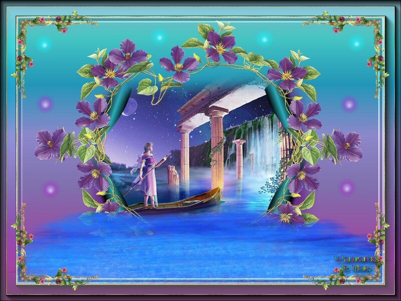 Woman in a Boat — Blue, Serene, Night, Digital Art, Flowers
