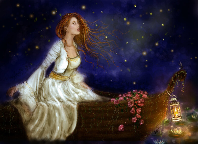 Woman in a Boat — Blue, Serene, Night, Digital Art, Lantern, Flowers