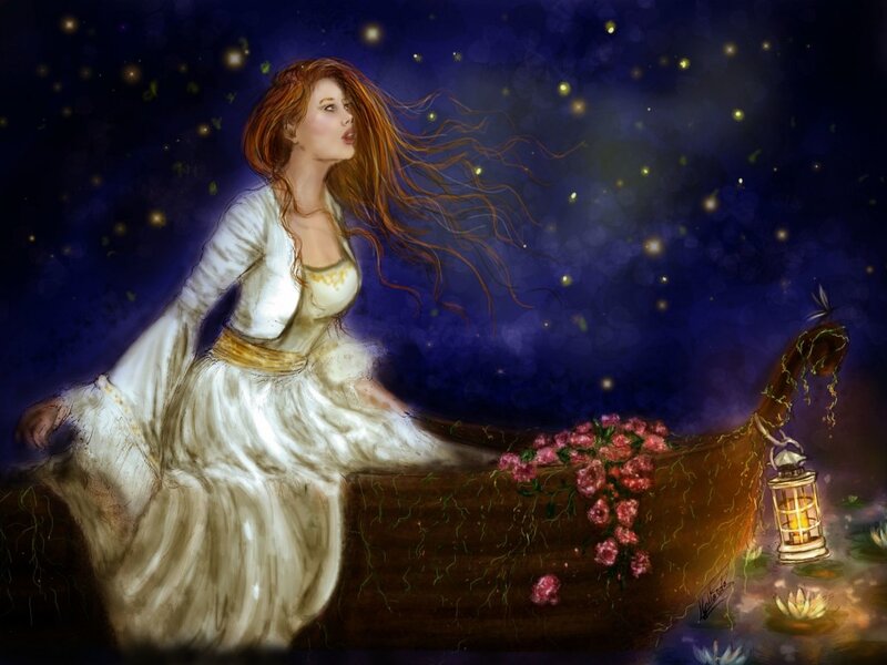 Woman in a Boat — Blue, Serene, Night, Digital Art, Lantern