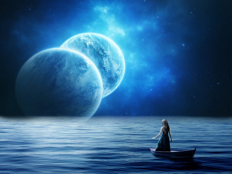 Woman in a Boat — Blue, Serene, Night, Digital Art, Planets