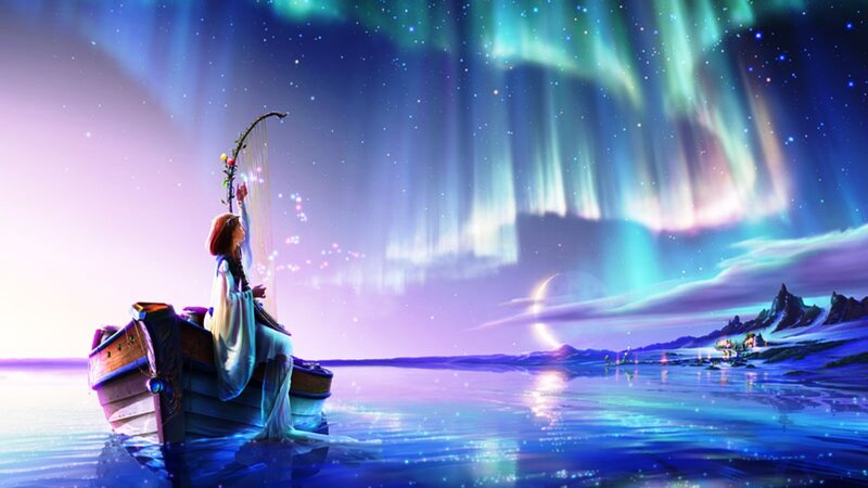 Woman in a Boat — Blue, Serene, Night, Digital Art