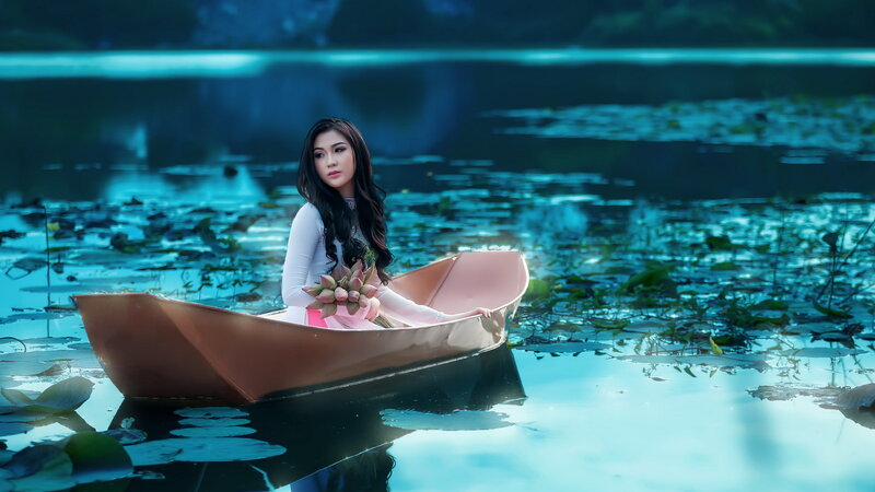 Woman in a Boat — Blue, Serene, Night, Photograph