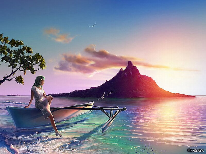 Woman in a Boat — Blue, Serene, Sunset, Digital Art, Island