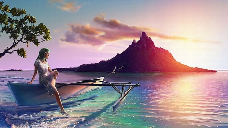 Woman in a Boat — Blue, Serene, Sunset, Digital Art, Island, Tree