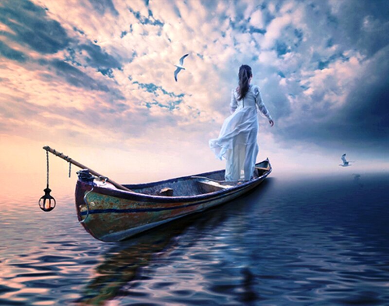 Woman in a Boat — Blue, Serene, Sunset, Digital Art, Seagull, Sky