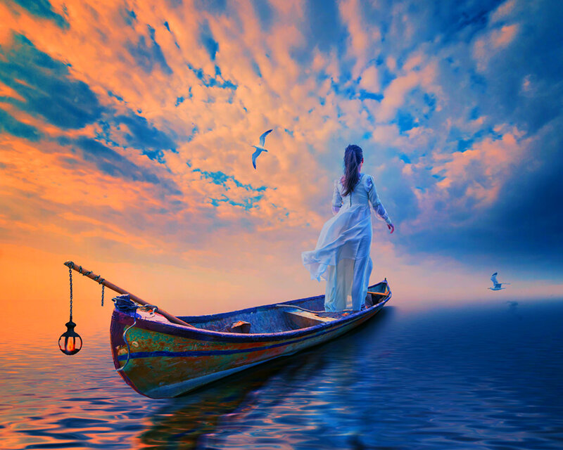 Woman in a Boat — Blue, Serene, Sunset, Digital Art, Seagull