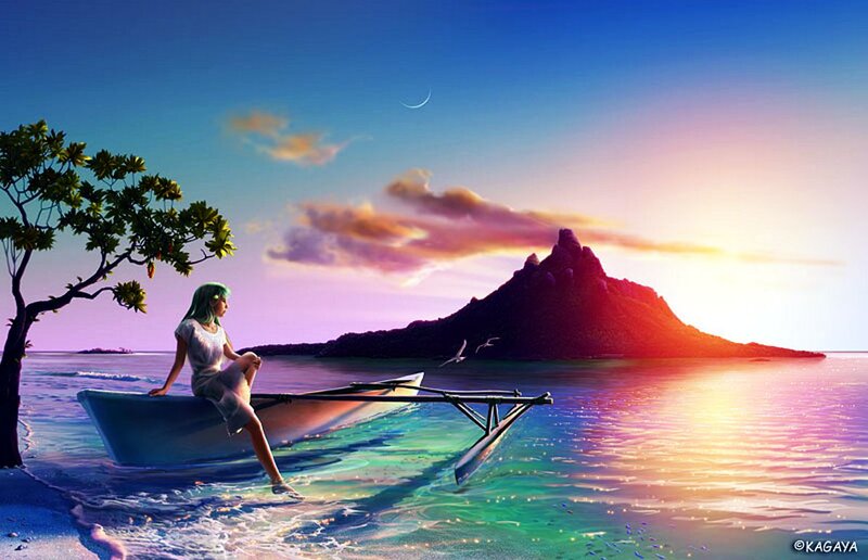 Woman in a Boat — Blue, Serene, Sunset, Digital Art, Tree, Island