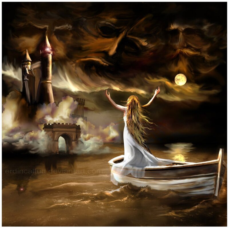 Woman in a Boat — Brown, Dramatic, Night, Digital Art