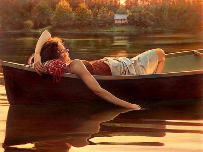 Woman in a Boat — Brown, Serene, Sunset, Painting