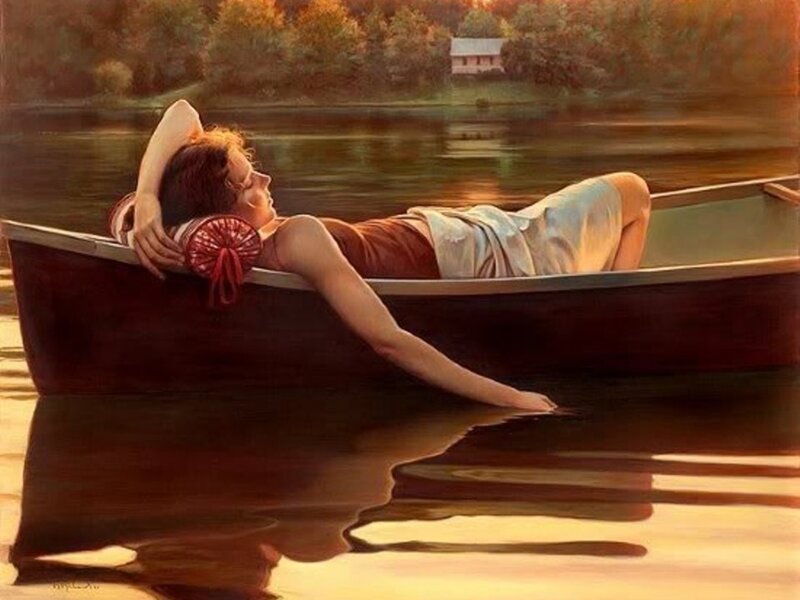 Woman in a Boat — Brown, Serene, Sunset