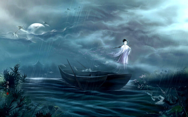Woman in a boat during a storm