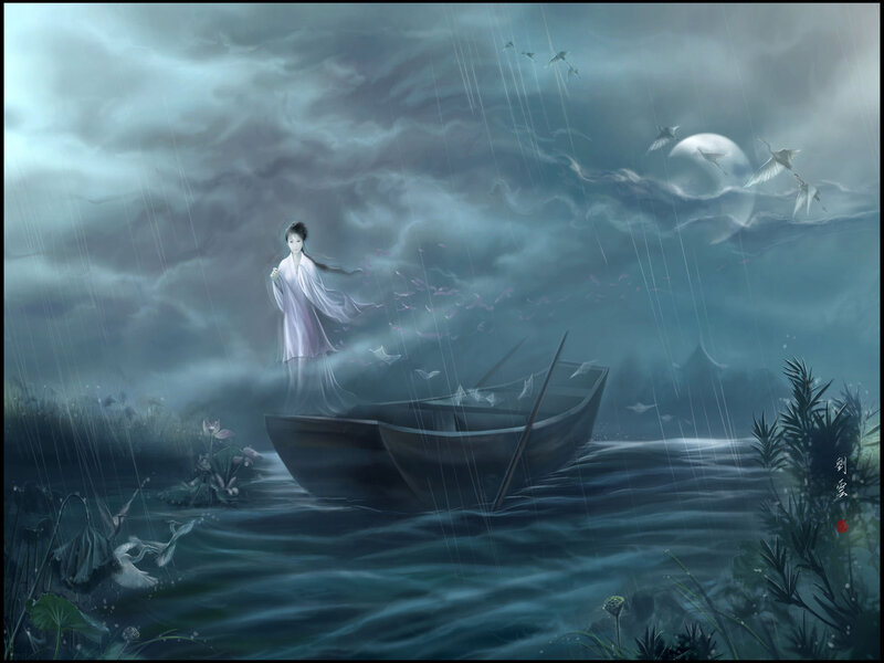 Woman in a boat during storm