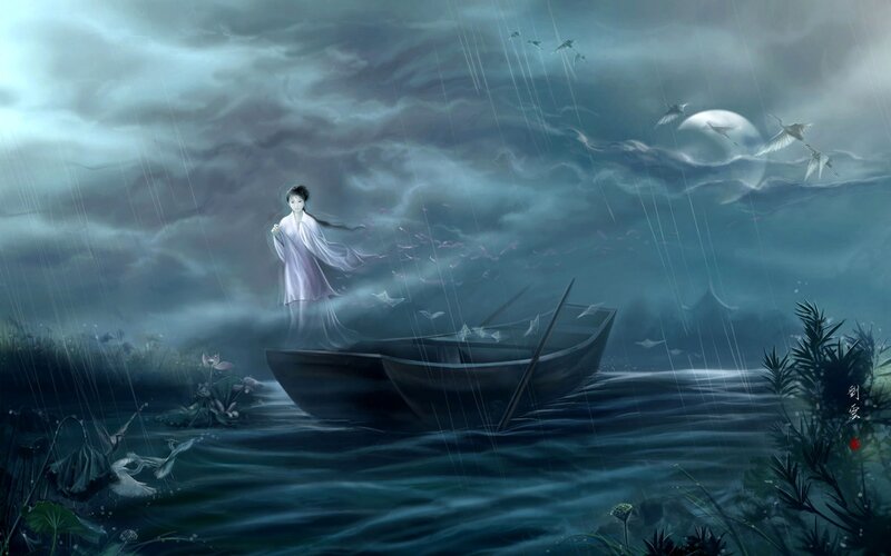 Woman in a boat during storm