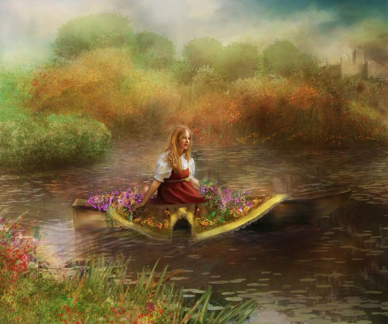 Woman in a Boat — Green, Serene, Afternoon, Digital Art