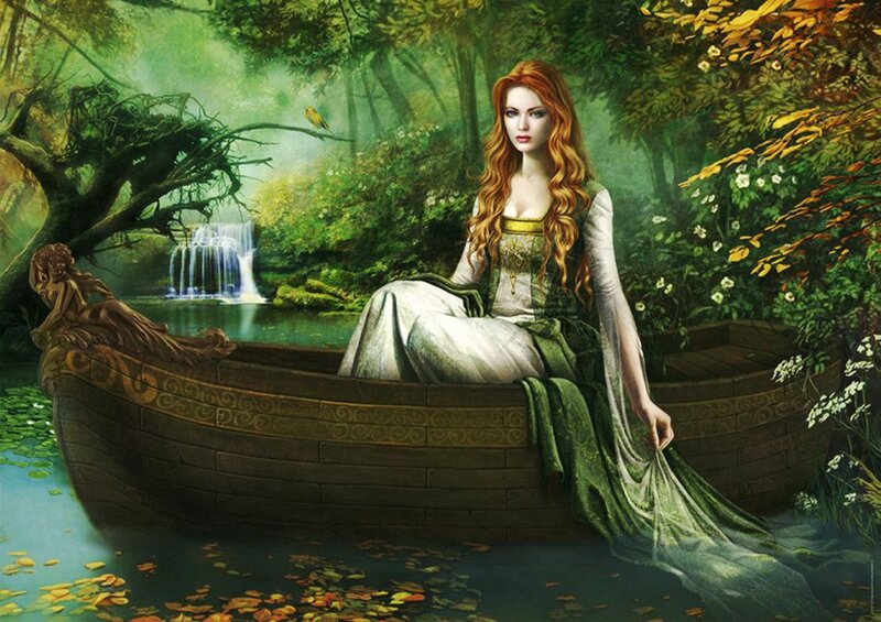 Woman in a Boat — Green, Serene, Autumn, Digital Art, Forest