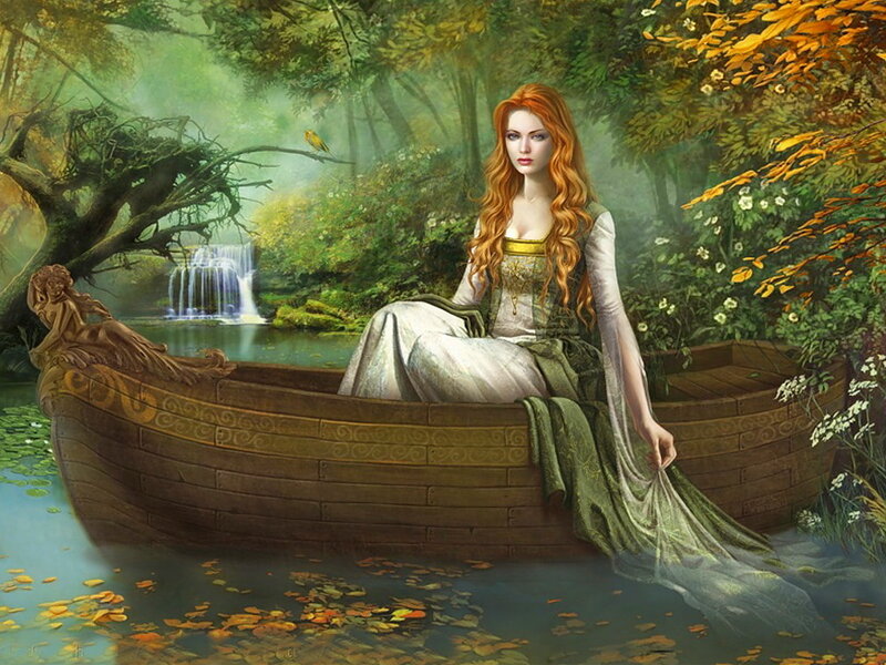 Woman in a Boat — Green, Serene, Autumn, Digital Art