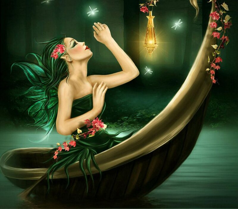 Woman in a Boat — Green, Serene, Night, Digital Art, Dragonflies