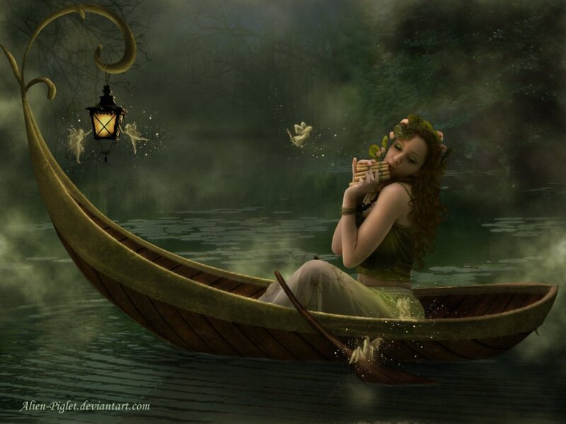 Woman in a Boat — Green, Serene, Night, Digital Art, Flute