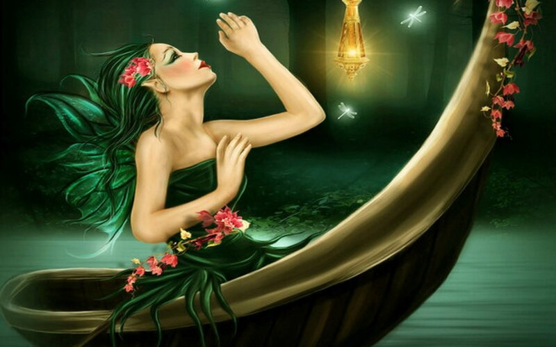 Woman in a Boat — Green, Serene, Night, Digital Art