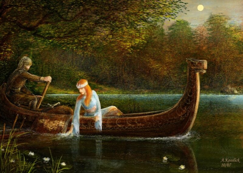 Woman in a Boat — Green, Serene, Night, Painting