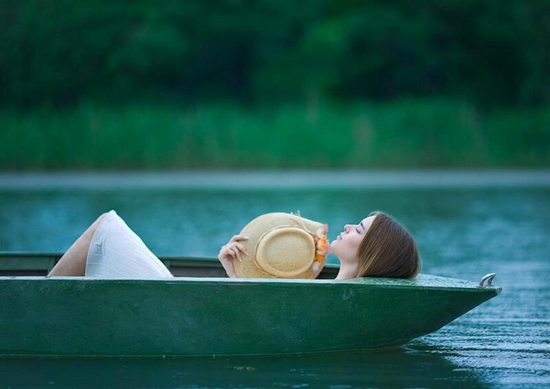 Woman in a Boat — Green, Serene, Photograph
