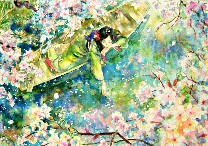 Woman in a Boat — Green, Serene, Spring, Painting
