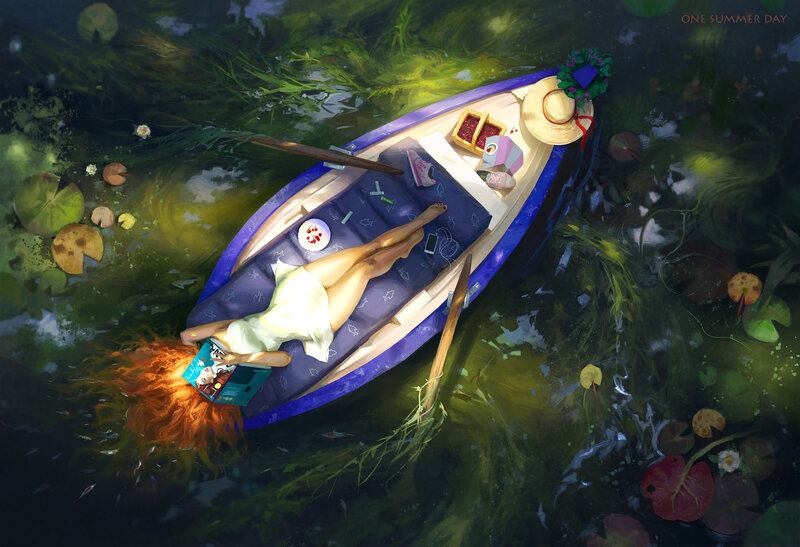 Woman in a Boat — Green, Serene, Summer, Digital Art