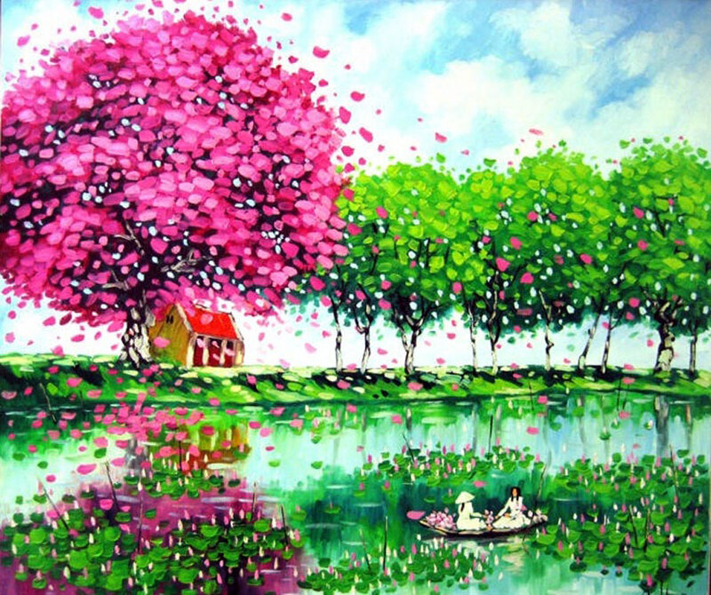 Woman in a Boat — Pink, Serene, Spring