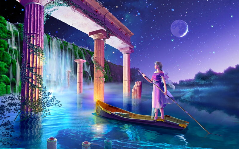 Woman in a Boat — Purple, Serene, Night, Digital Art