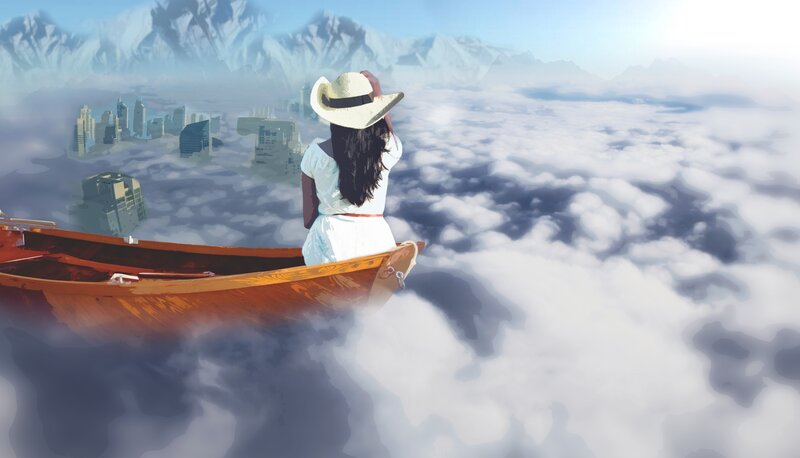 Woman in a Boat — White, Serene, Morning, Digital Art