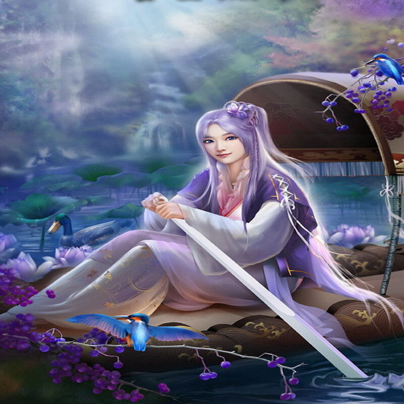 Woman in a boat with birds