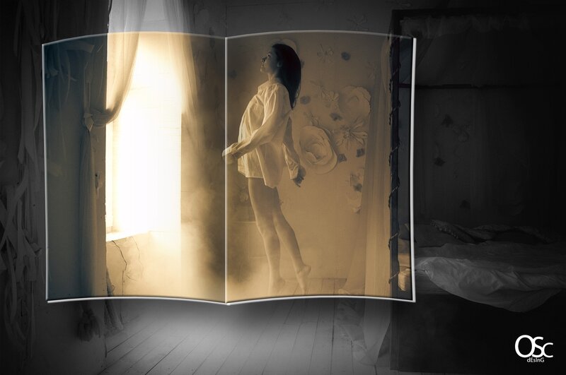 woman in a book-shaped frame