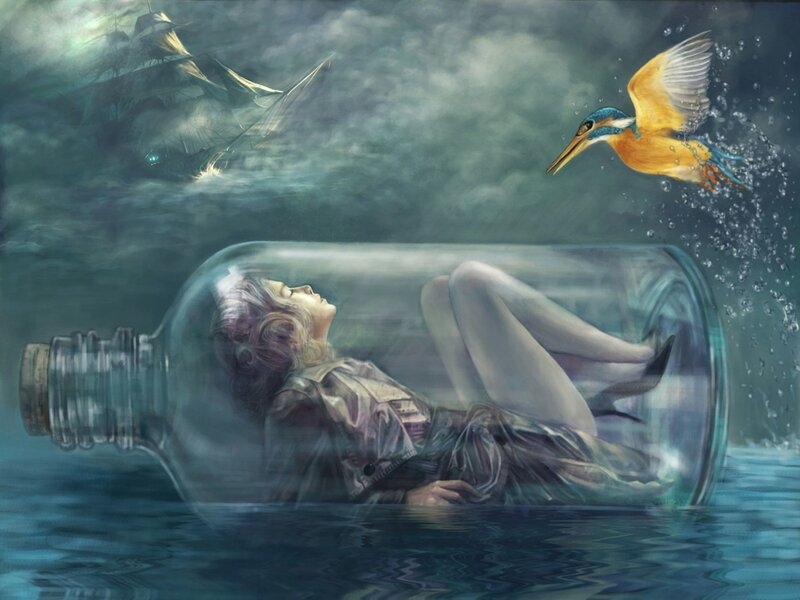 woman in a bottle at sea