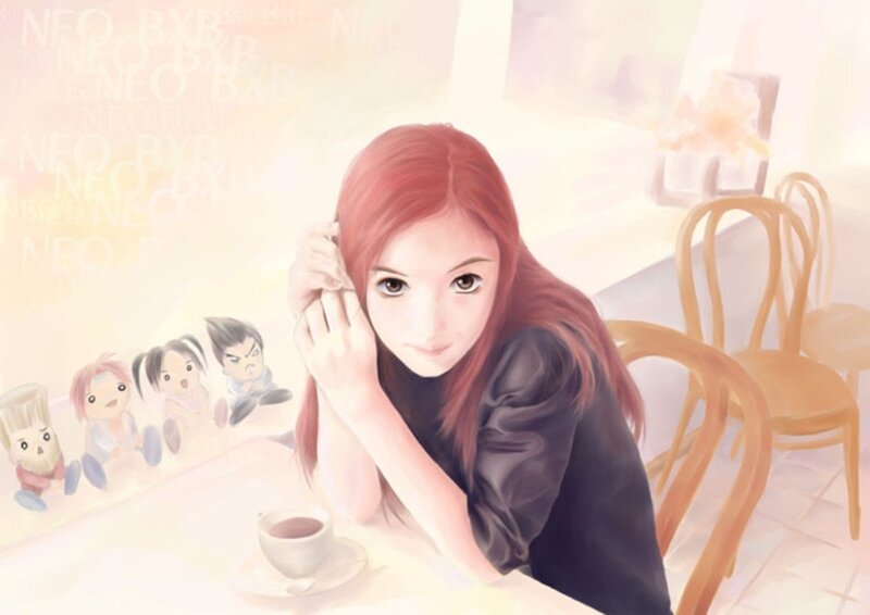 Woman in a cafe with cartoon figures