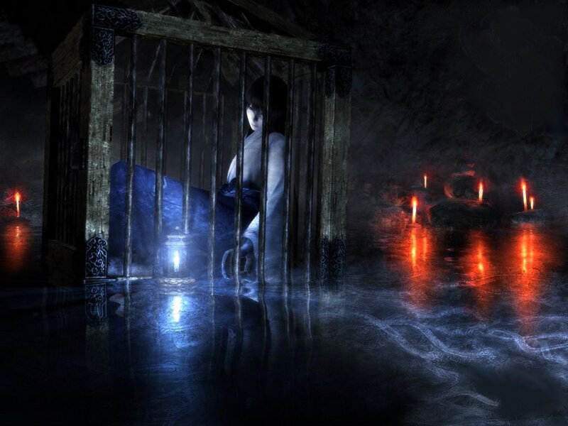 Woman in a cage by water