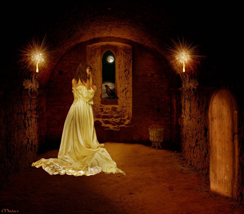 Woman in a castle corridor