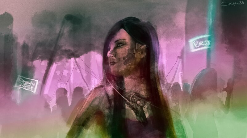 woman in a colorful city