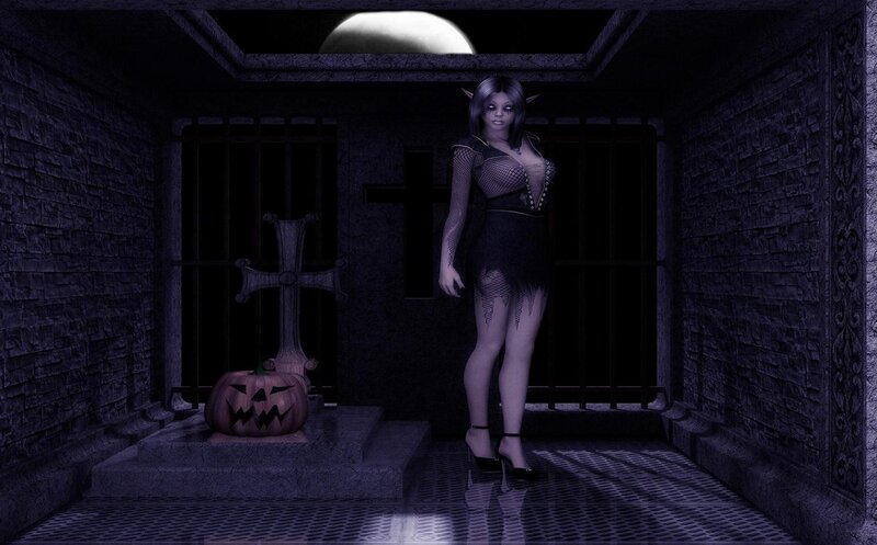 woman in a crypt with pumpkin
