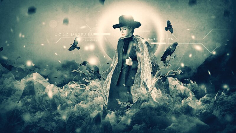 Woman in a dark fantasy landscape