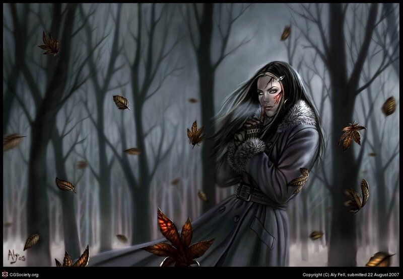 Woman in a dark forest