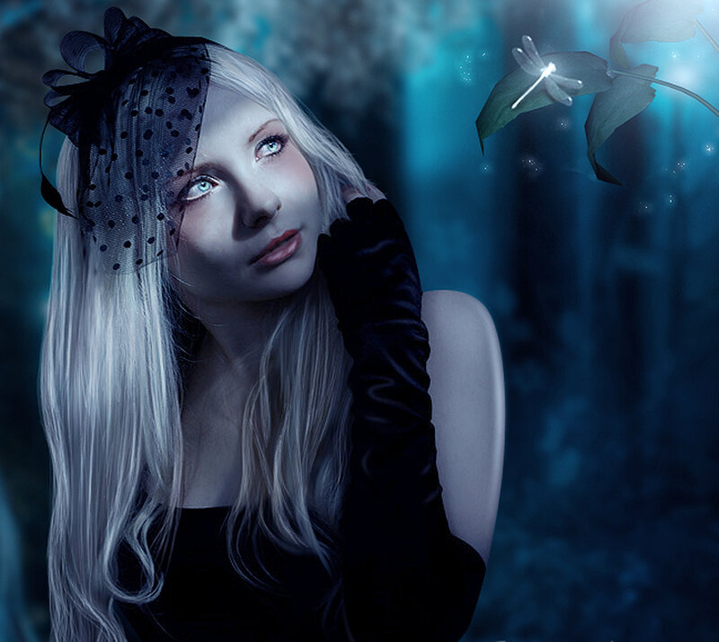 woman in a dark forest