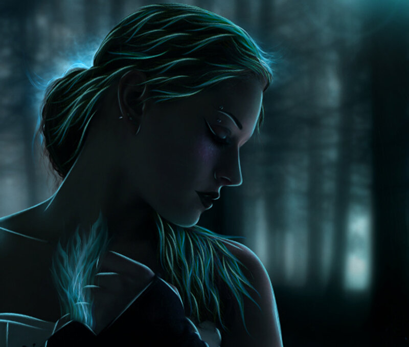 woman in a dark forest