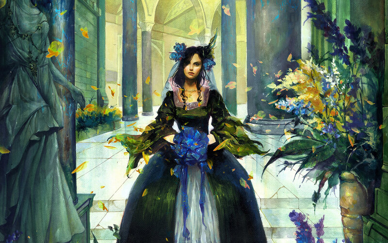 woman in a dark gown