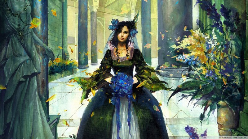 woman in a dark gown