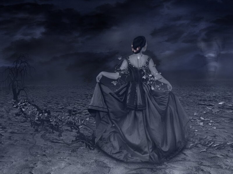 woman in a dark gown