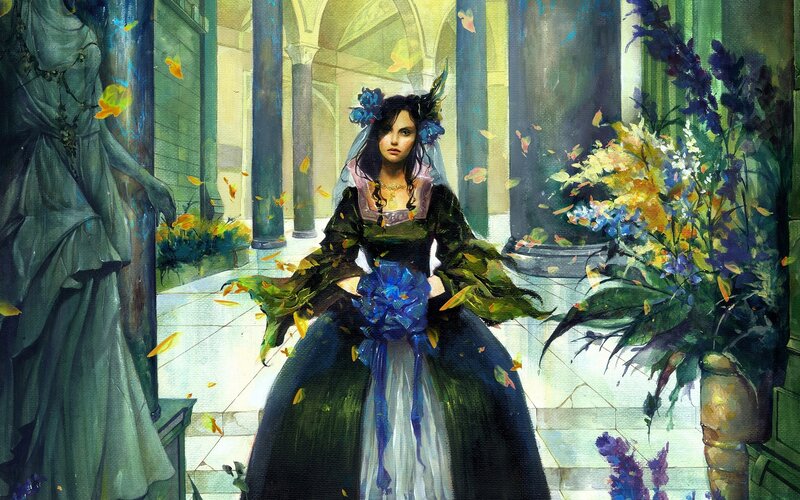 woman in a dark gown