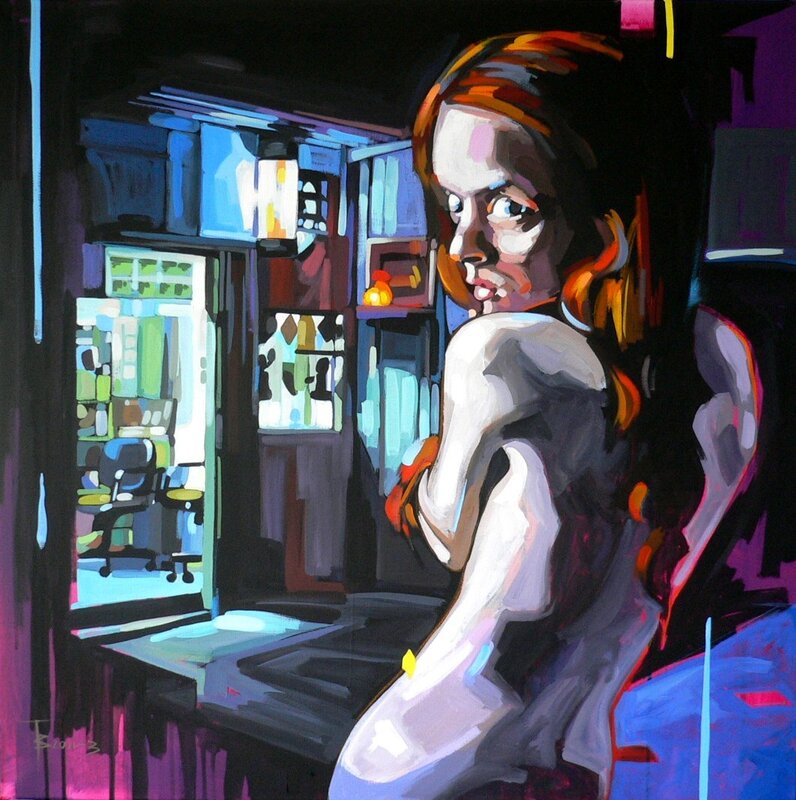 woman in a dimly lit room