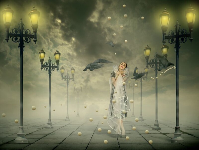 woman in a dreamlike city